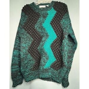 Saturdays Unisex 90s Crew Knit Sweater Geometric Teal Black Grandpa Vintage Med